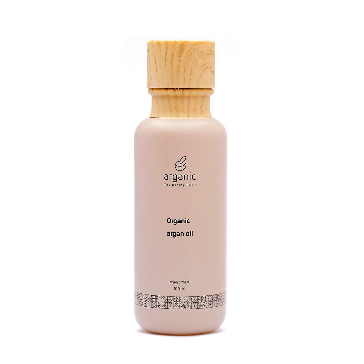 Bottle of organic Arganic argan oil with wooden cap on white background.