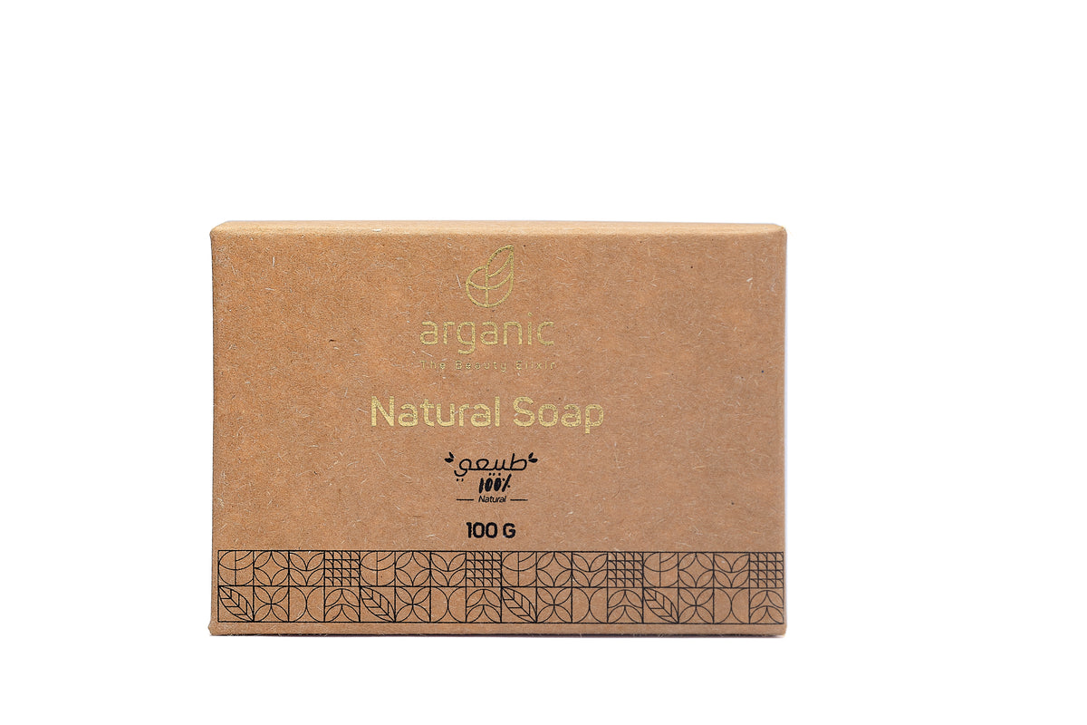 Natural soap by Arganic in paper box with the 100% organic stamp