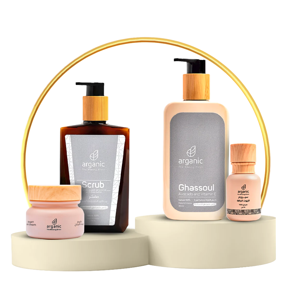 Organic skincare products on pedestal with golden arch element.