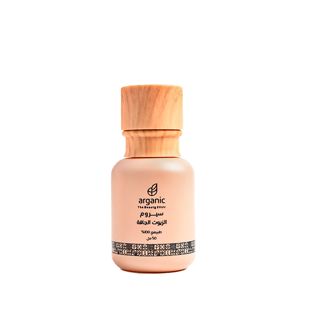 Natural serum bottle with wooden cap, beige label on white background.