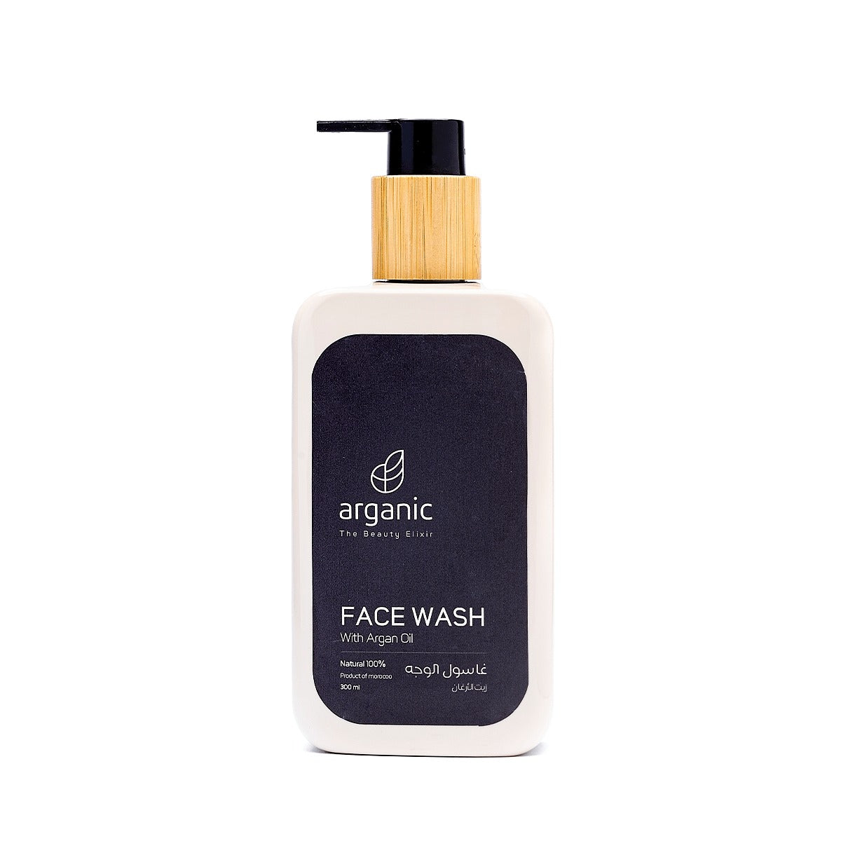 Elegant face wash bottle with dark label and wood cap.