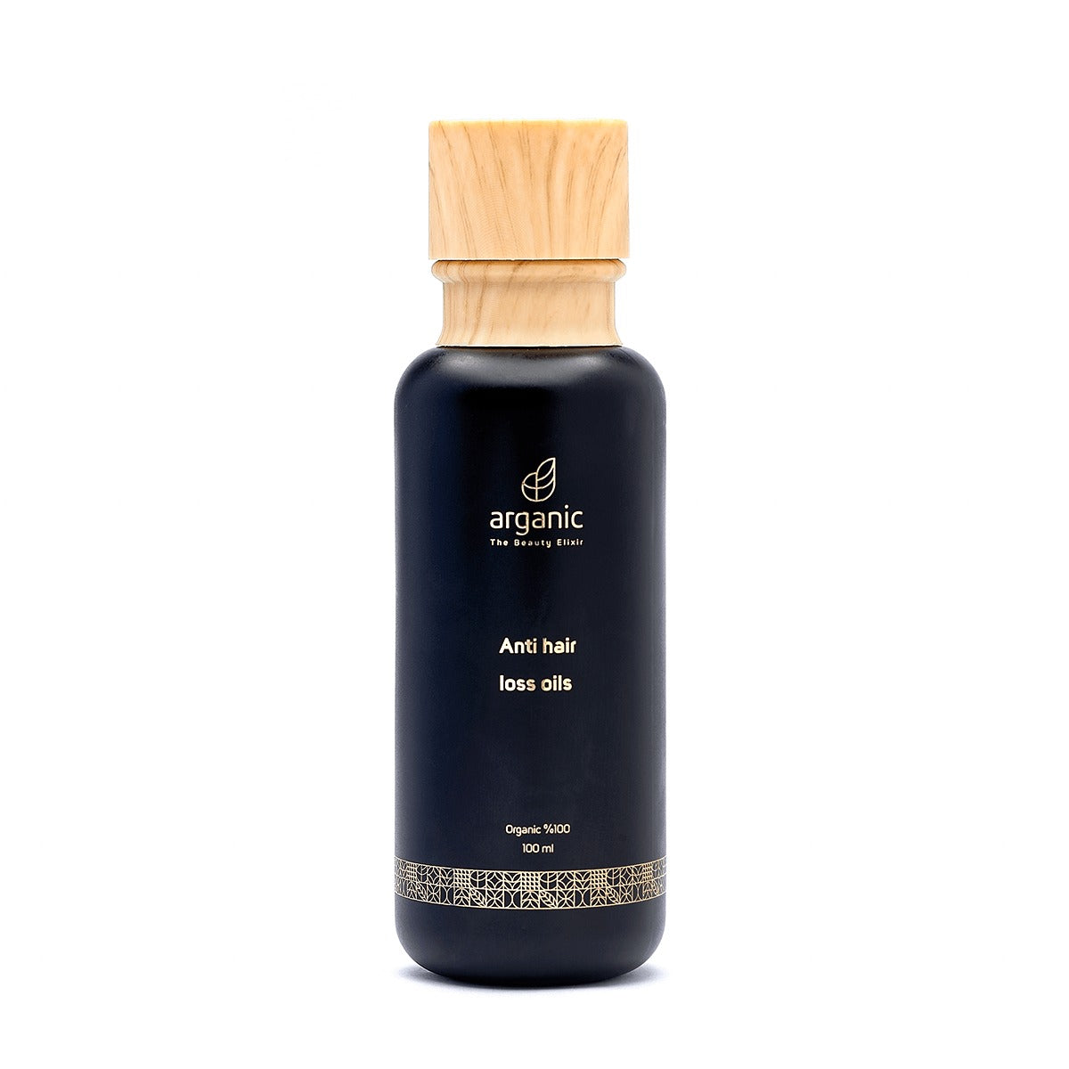 Dark blue Arganic anti hair loss oil bottle with wooden cap