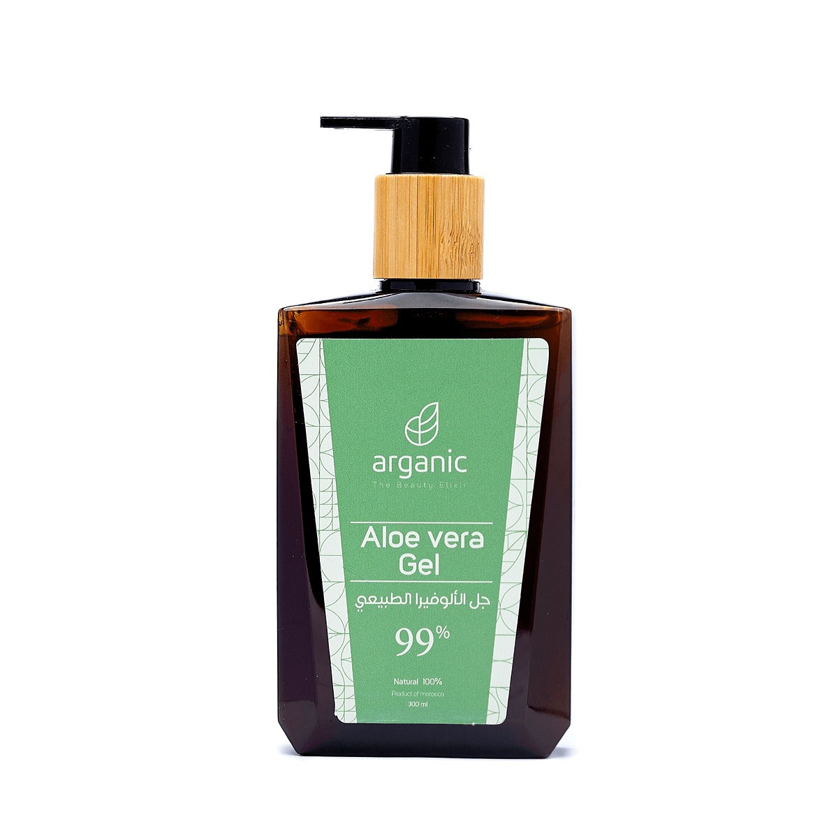Aloe vera gel in clear bottle with 99% purity indication.