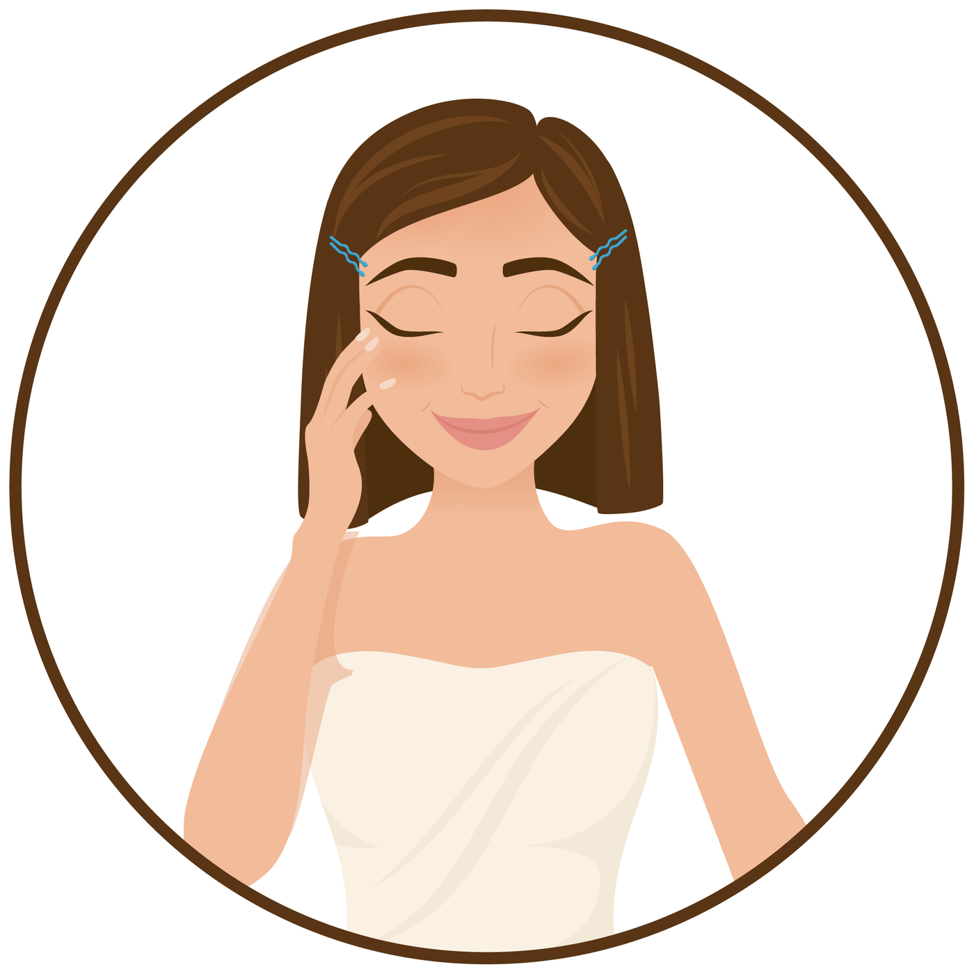 Illustration of smiling woman with brown hair, blue hair clips, and a white dress.