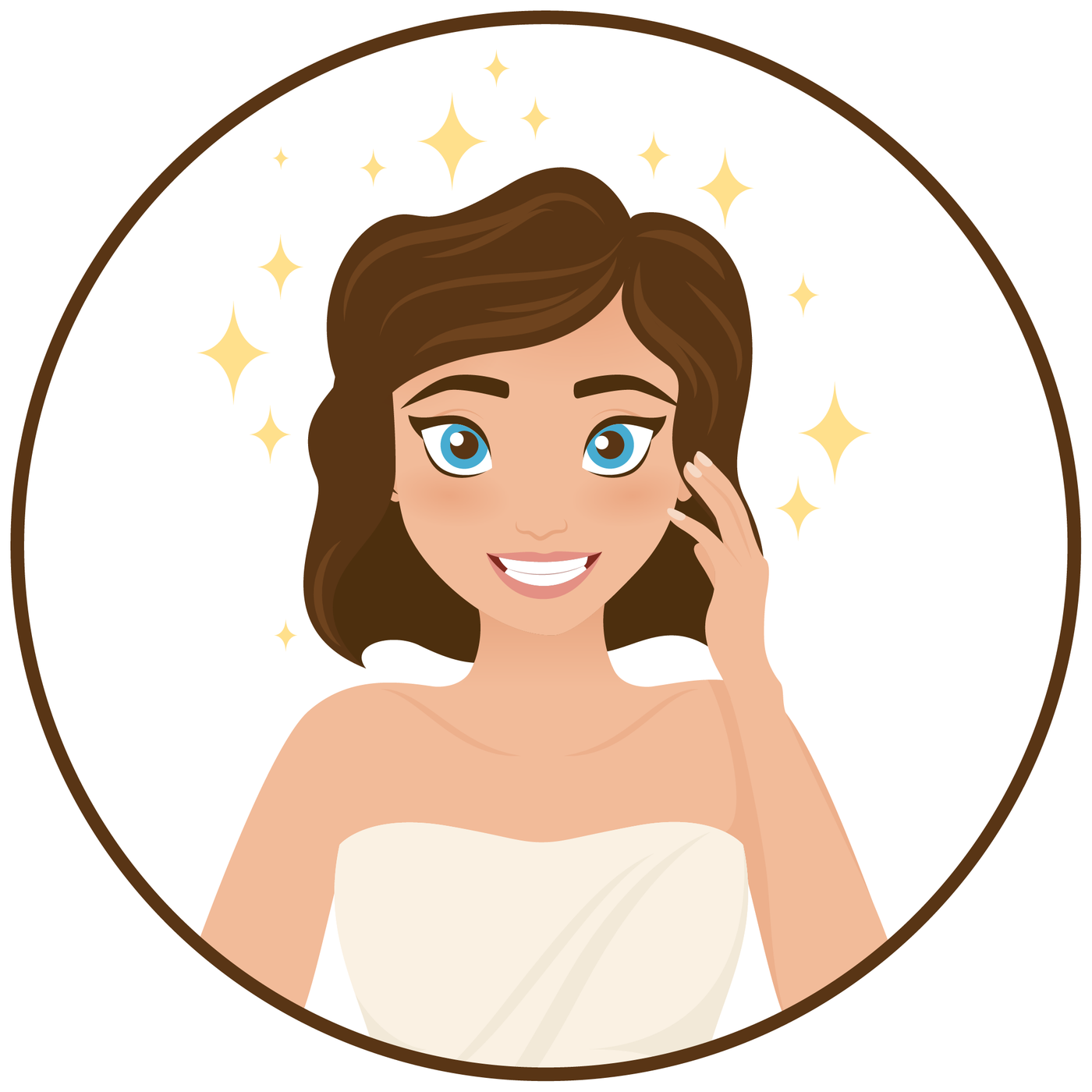 Animated image of happy woman with sparkling blue eyes, brown hair, and stars around.